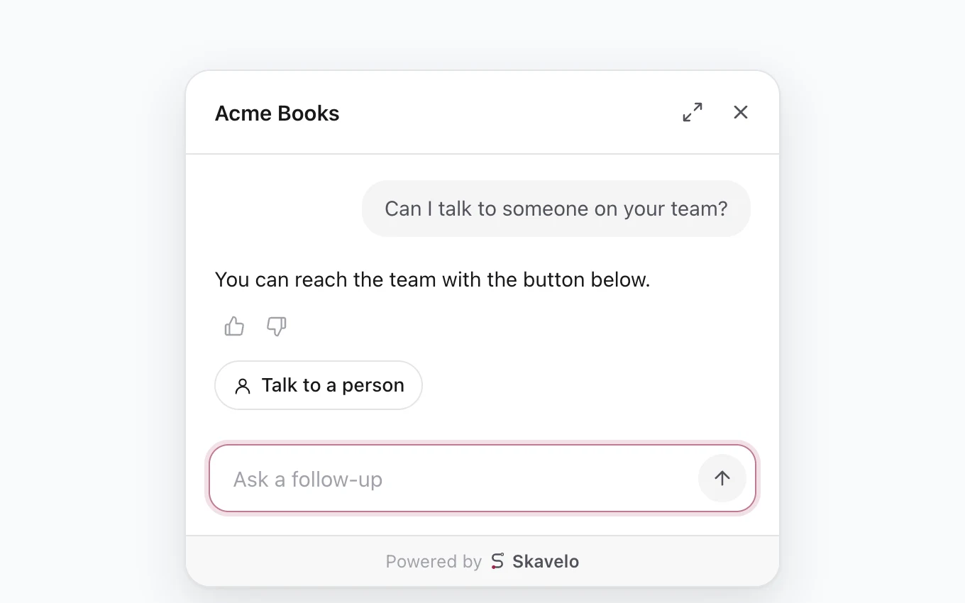 The widget answering that the team can be reached with the button below, with a Talk to a person button
