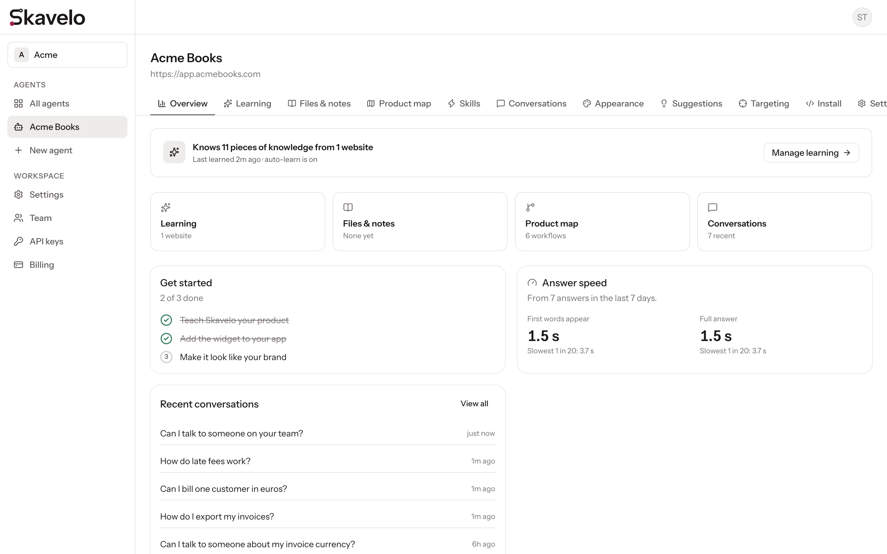 An agent's Overview page, showing what it knows, the setup checklist, answer speed and recent conversations