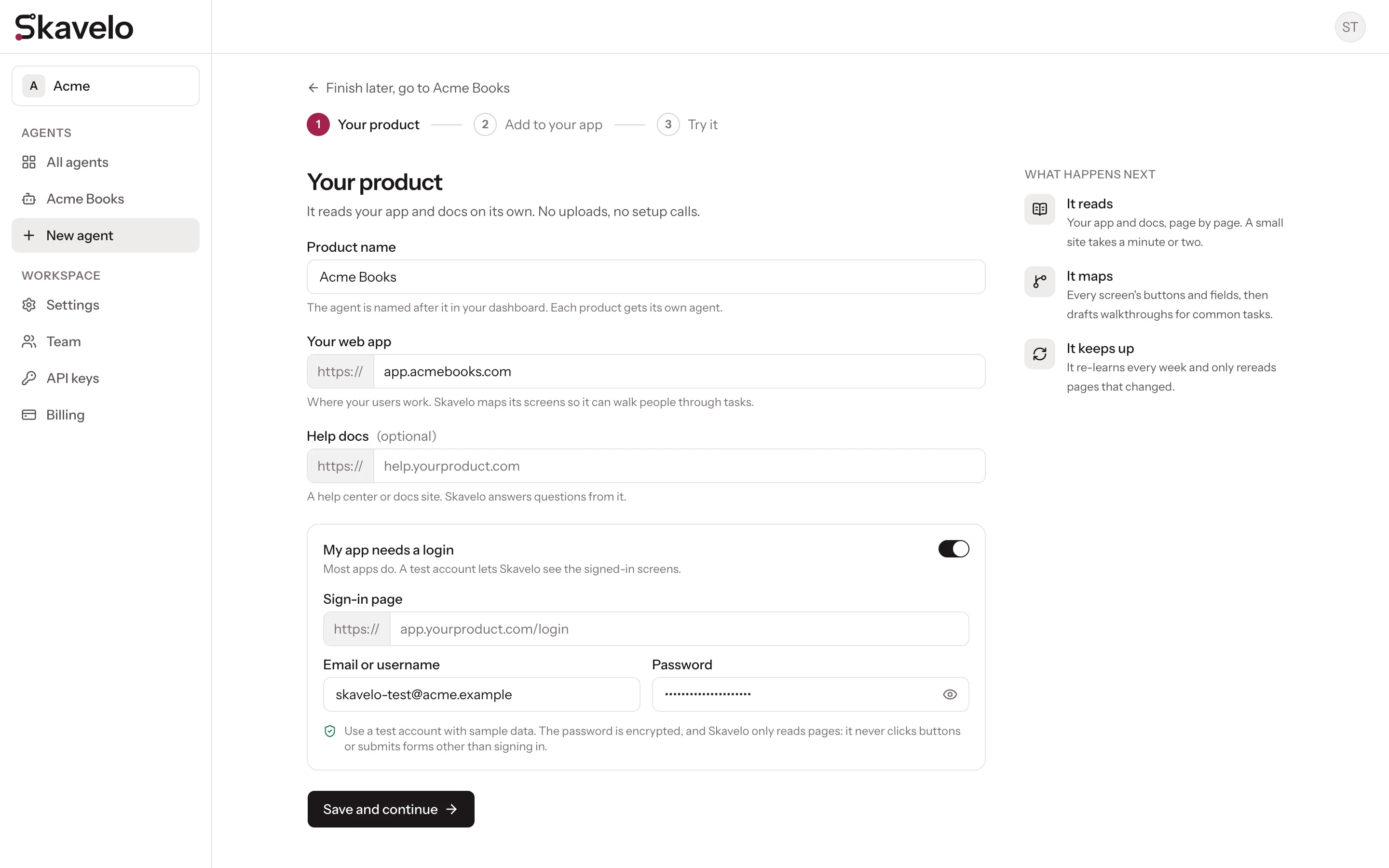 The Your product step of setup, with the product name, web app address and test account fields filled in