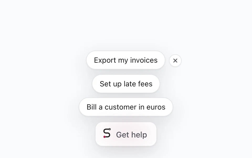 Three suggestions shown above the Get help launcher on a billing settings page